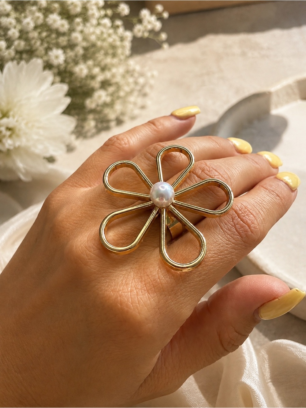 Gold Flower Pearl Center Statement Ring